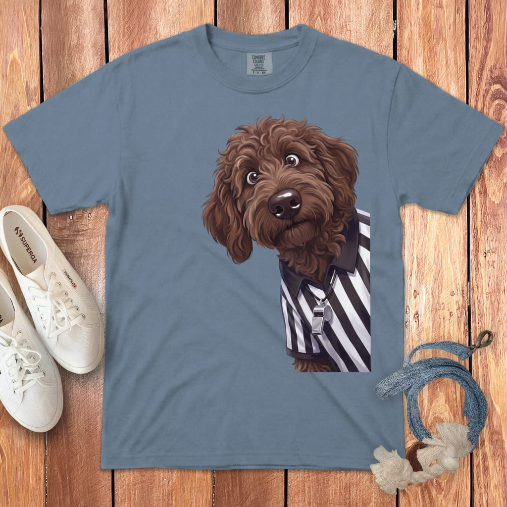 Chocolate Goldendoodle Football Referee Signature T-Shirt in Blue Jean / S by Puppy Jo