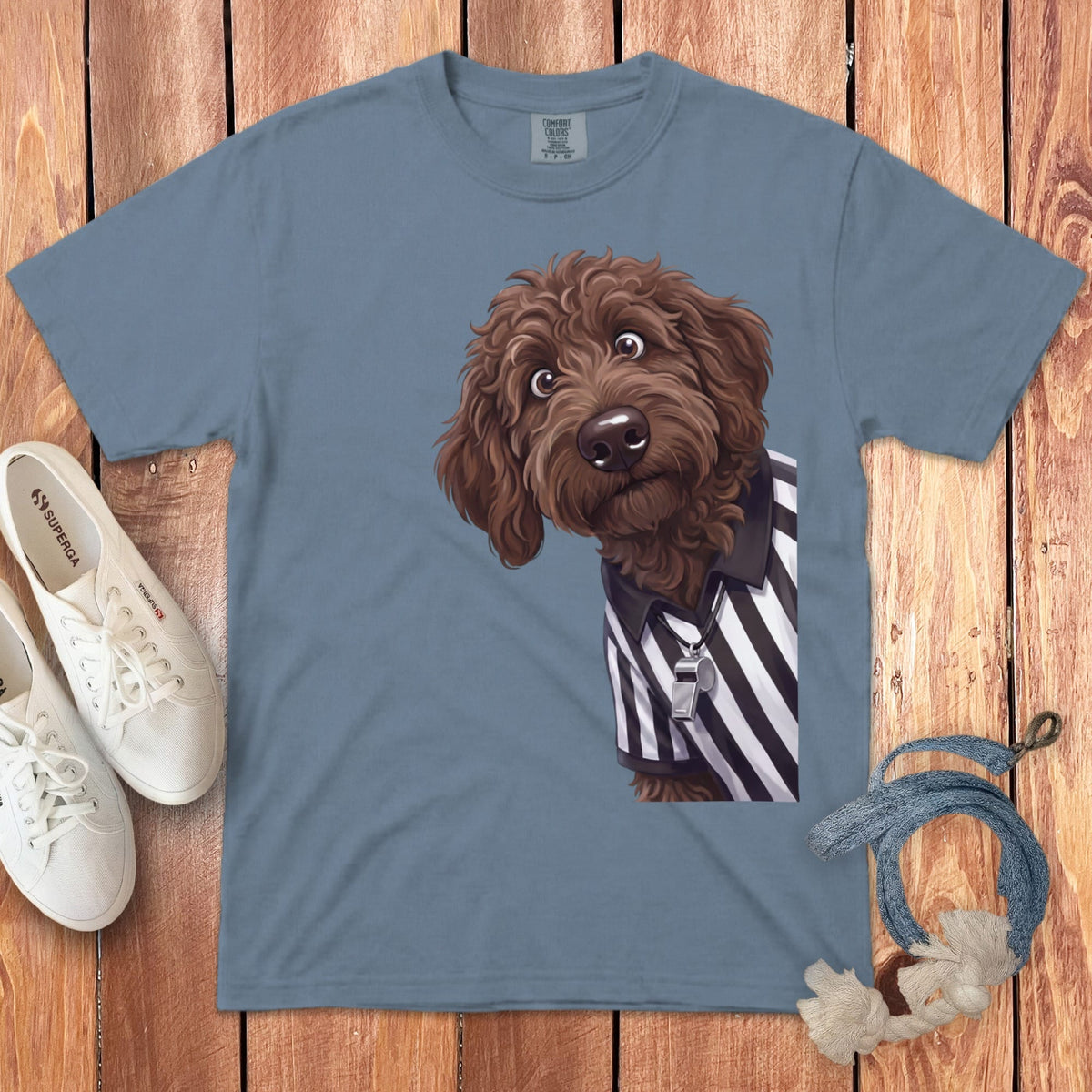 Chocolate Goldendoodle Football Referee Signature T-Shirt in Blue Jean / S by Puppy Jo