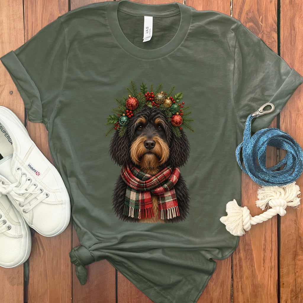 Phantom Goldendoodle Holiday Crown T-Shirt in Military Green / S by Puppy Jo