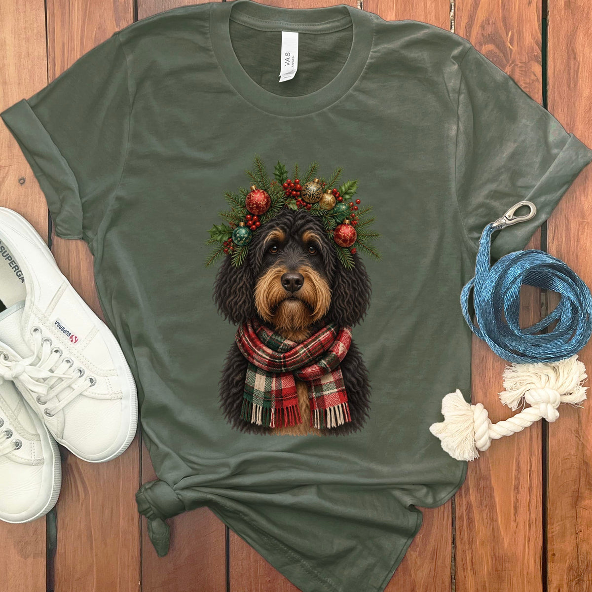 Phantom Goldendoodle Holiday Crown T-Shirt in Military Green / S by Puppy Jo