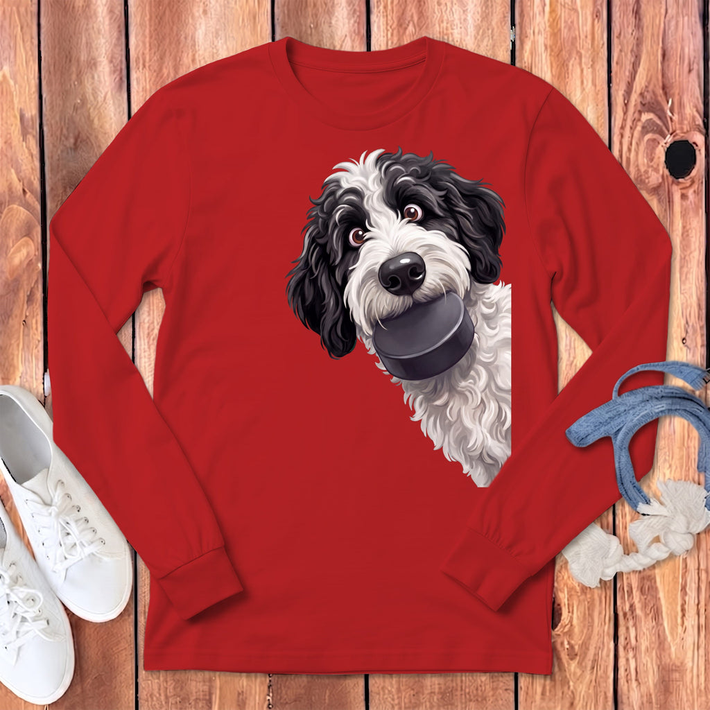 Sheepadoodle Hockey Puck Long Sleeve T-Shirt in Red / S by Puppy Jo