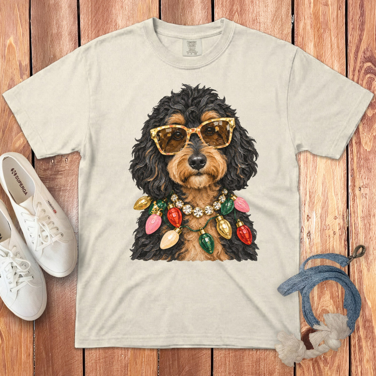 Cream t-shirt with a dog wearing sunglasses and a Christmas light necklace.
