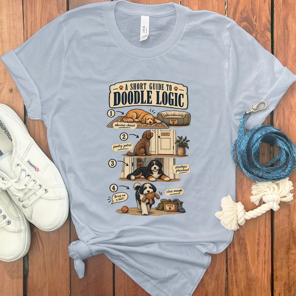Light blue t-shirt with "A Short Guide to Doodle Logic" graphic featuring four doodles.