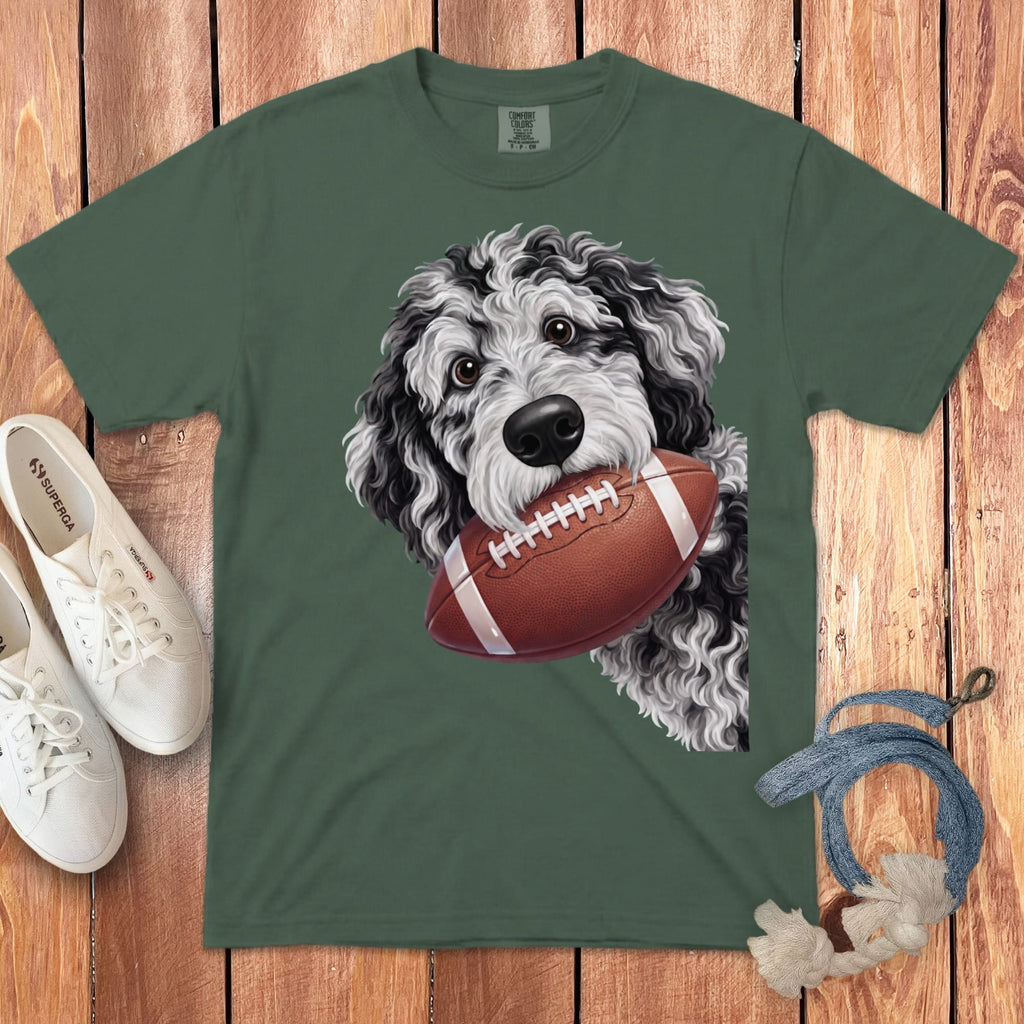 Merle Goldendoodle Football Signature T-Shirt in Blue Spruce / S by Puppy Jo