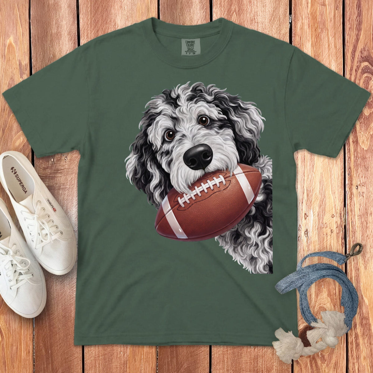 Merle Goldendoodle Football Signature T-Shirt in Blue Spruce / S by Puppy Jo