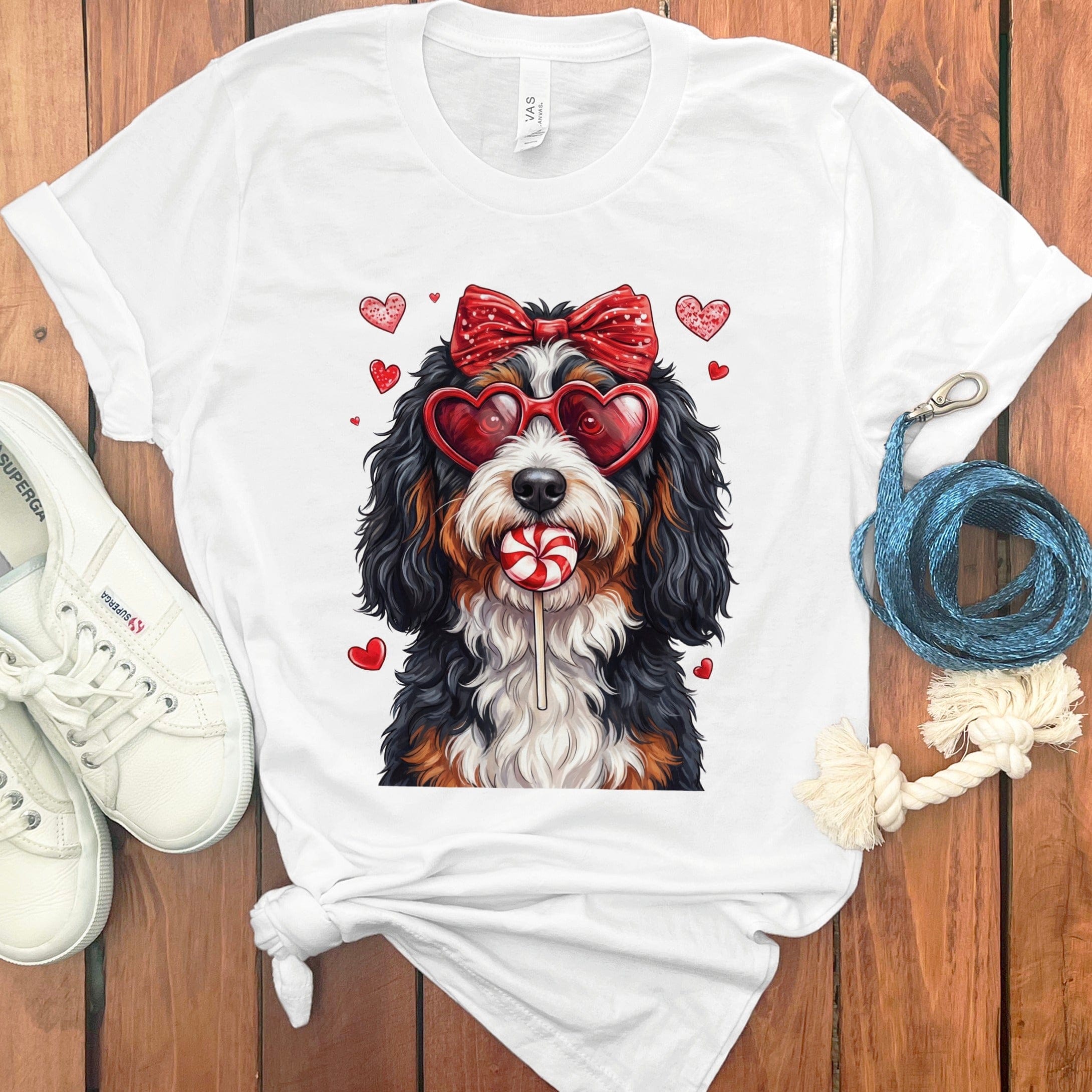Cute Dog with Heart Sunglasses and Candy Shirt