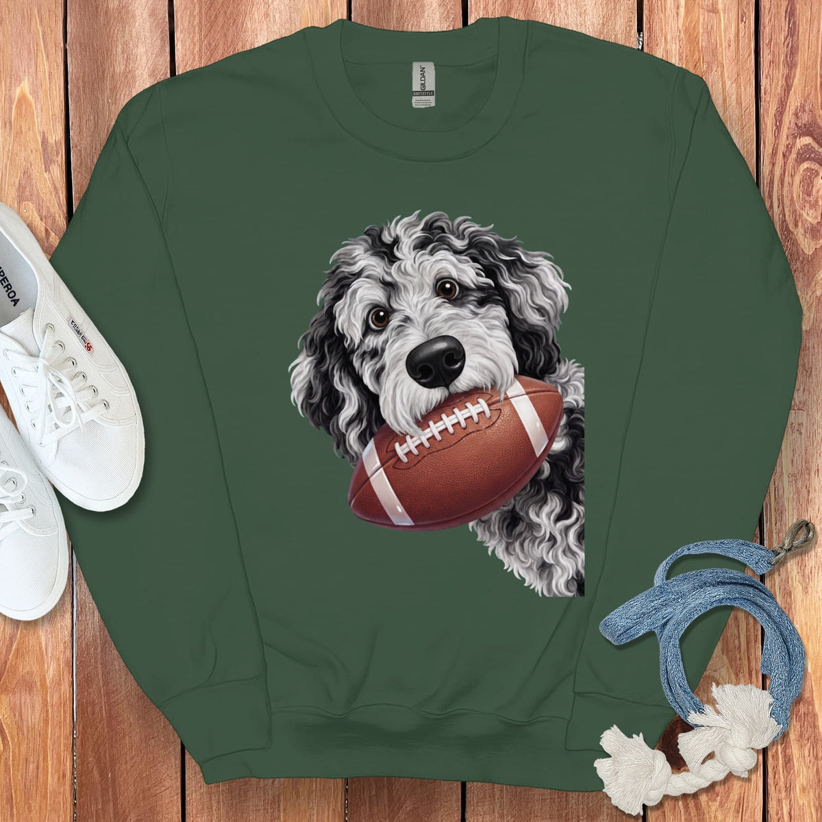 Green sweatshirt with a doodle dog holding a football graphic.
