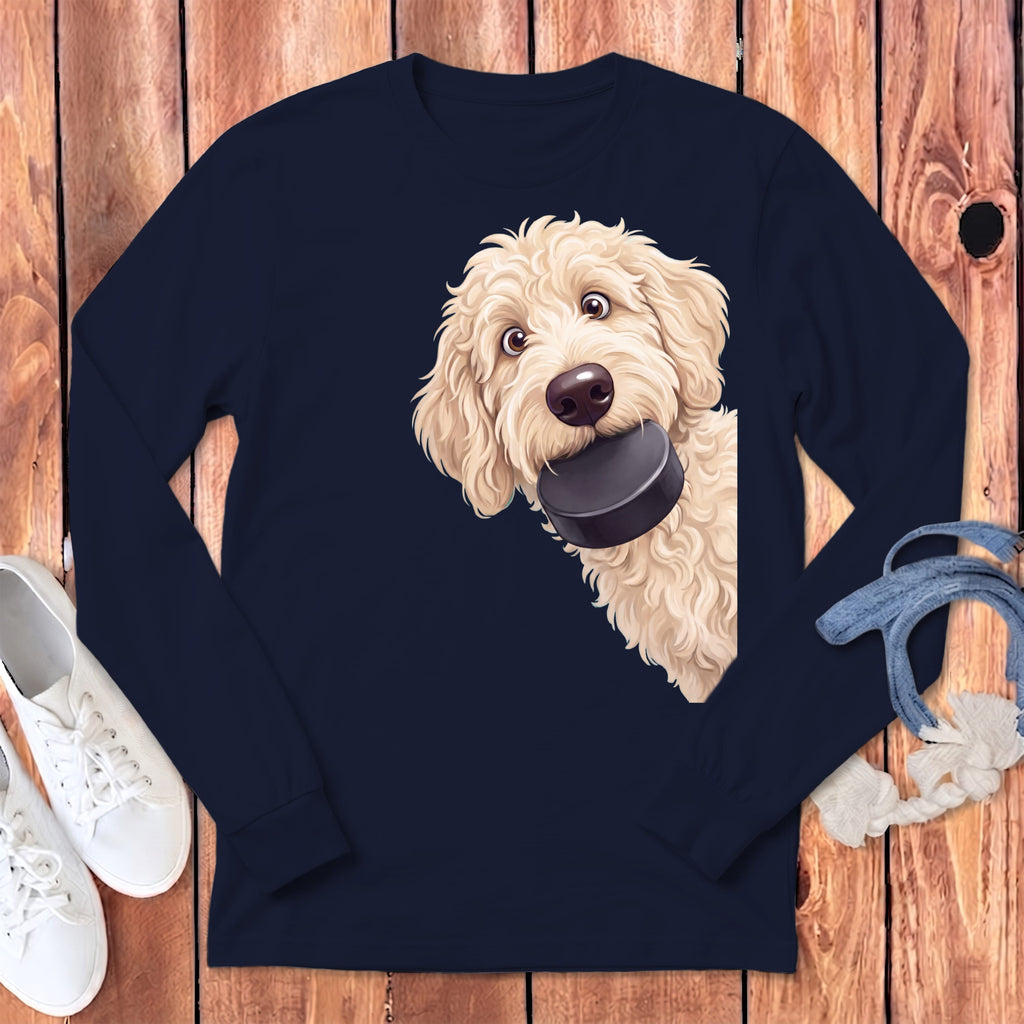 Cream Goldendoodle Hockey Puck Long Sleeve T-Shirt in Navy / S by Puppy Jo