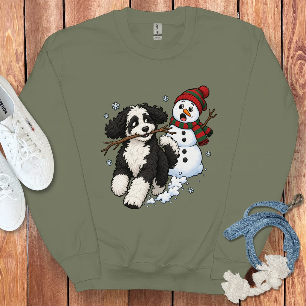 Sheepadoodle Snowman Sweatshirt in Military Green / S by Puppy Jo