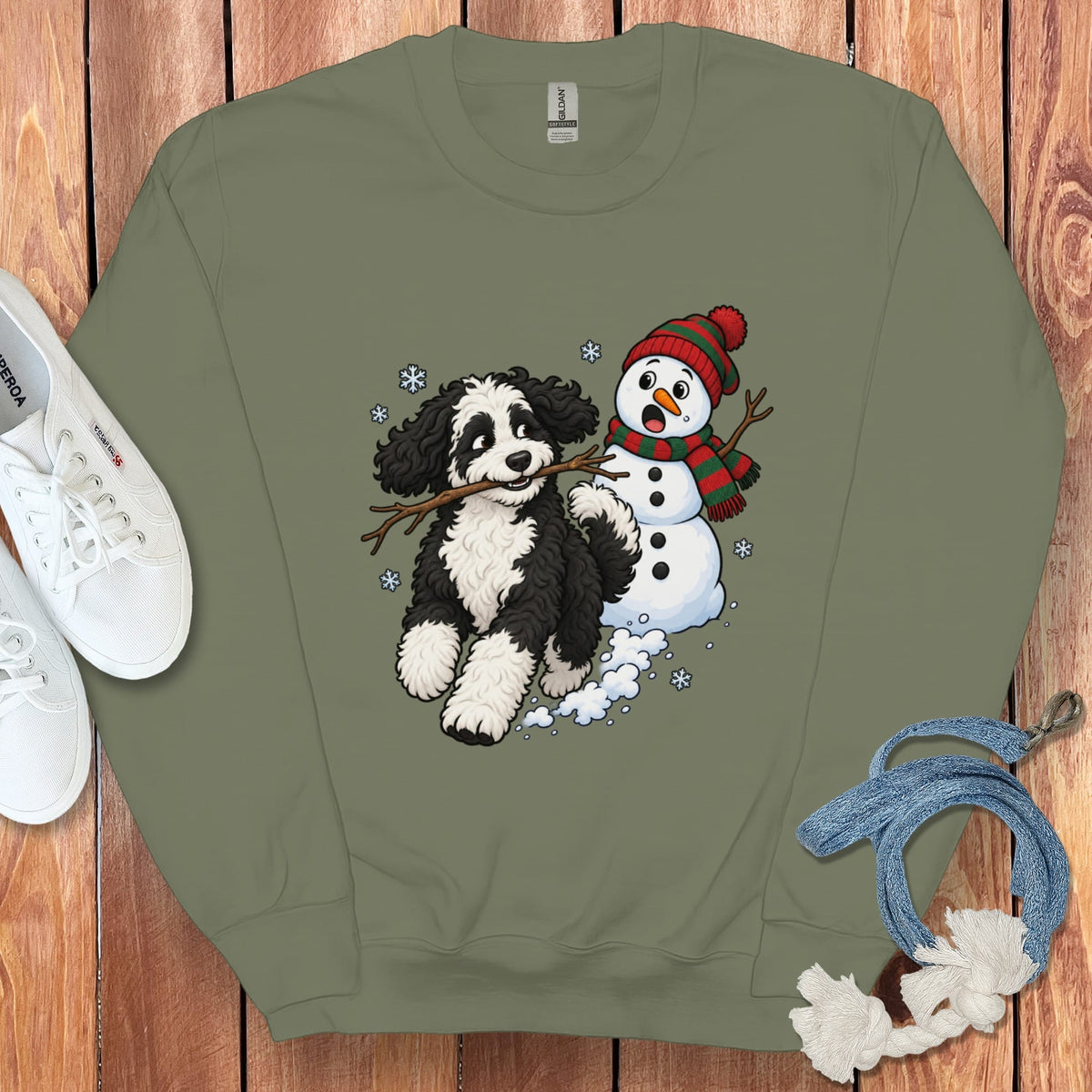 Sheepadoodle Snowman Sweatshirt in Military Green / S by Puppy Jo
