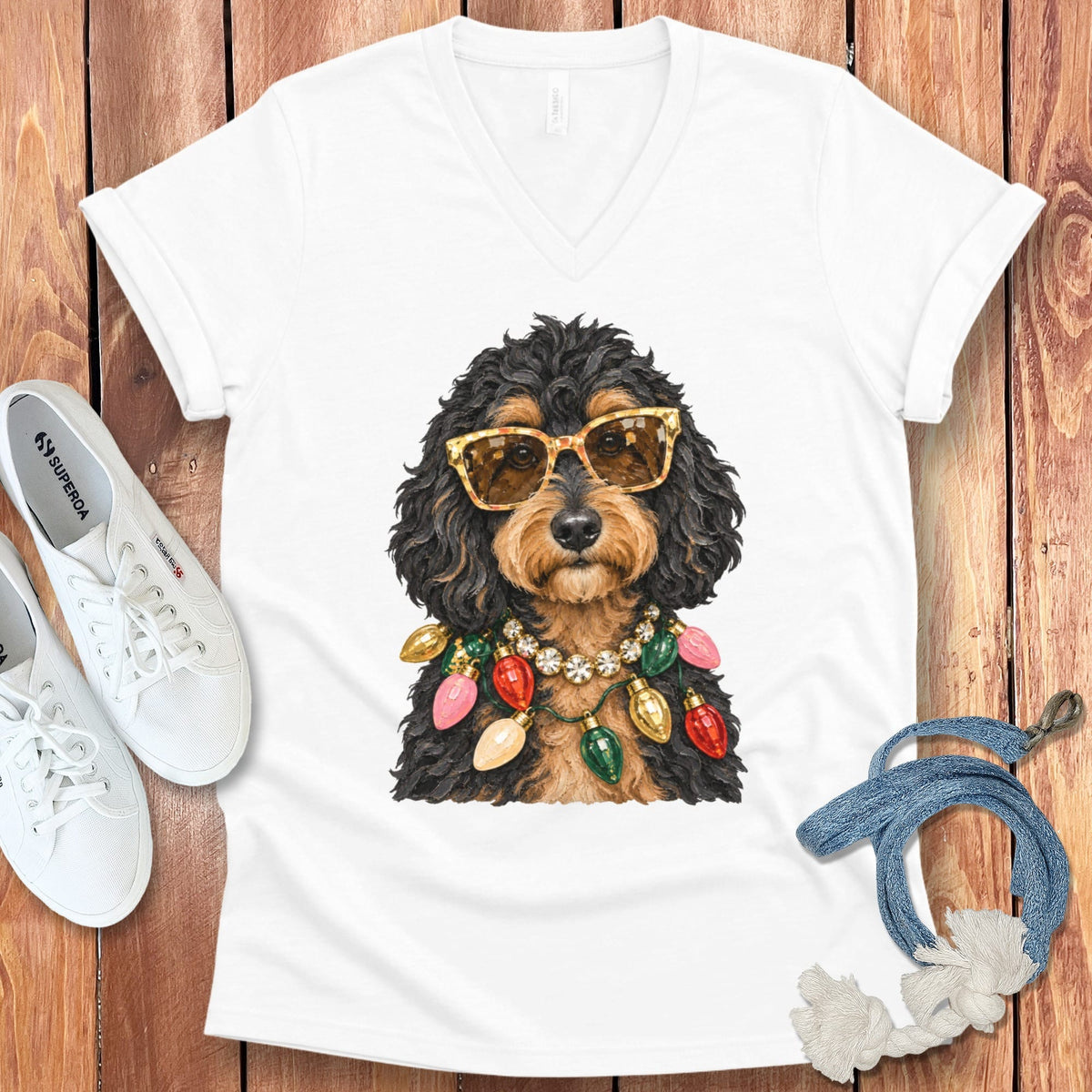 Phantom Goldendoodle Christmas Glam V-Neck T-Shirt in White / S by Puppy Jo