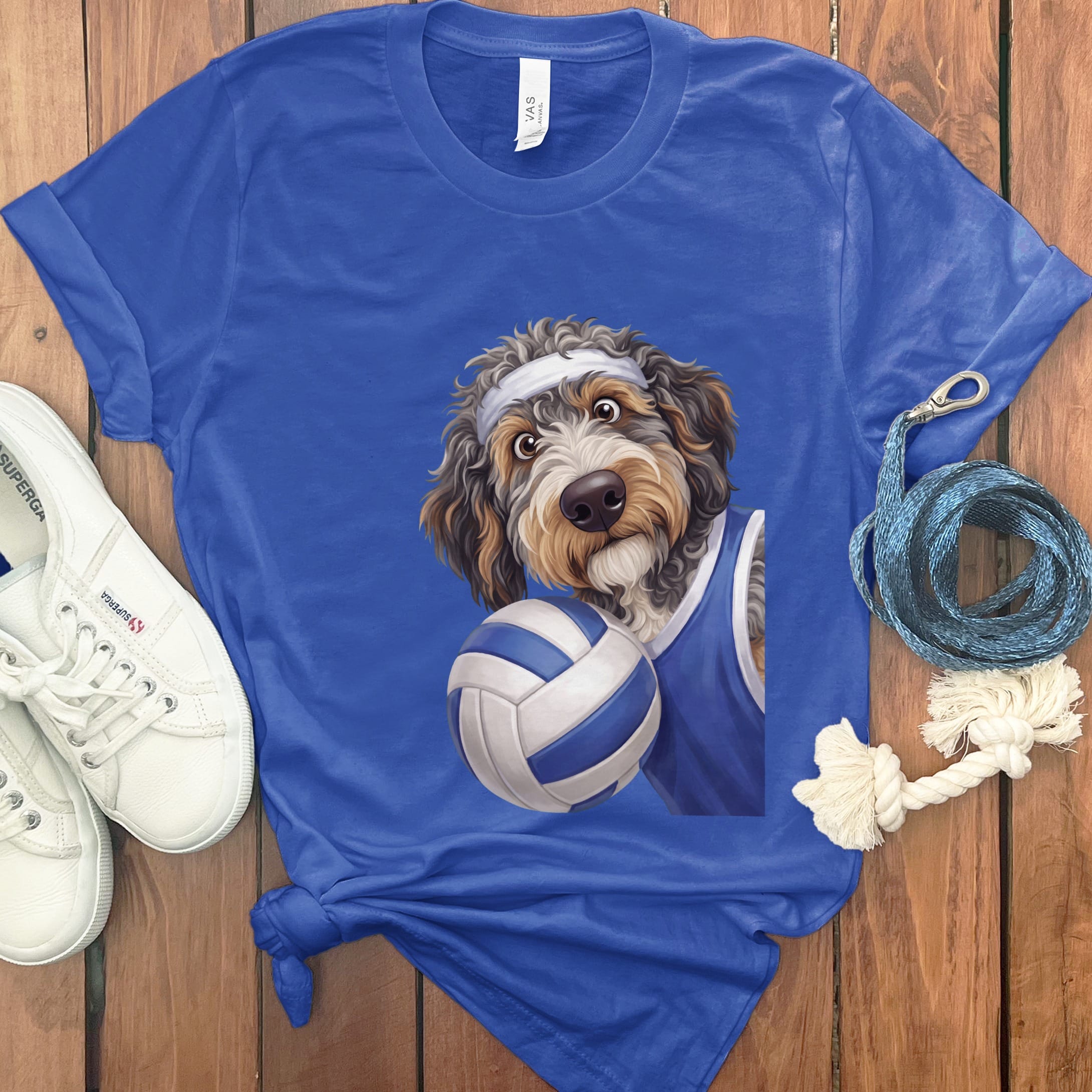 Aussiedoodle Volleyball Player T-Shirt in True Royal / S by Puppy Jo
