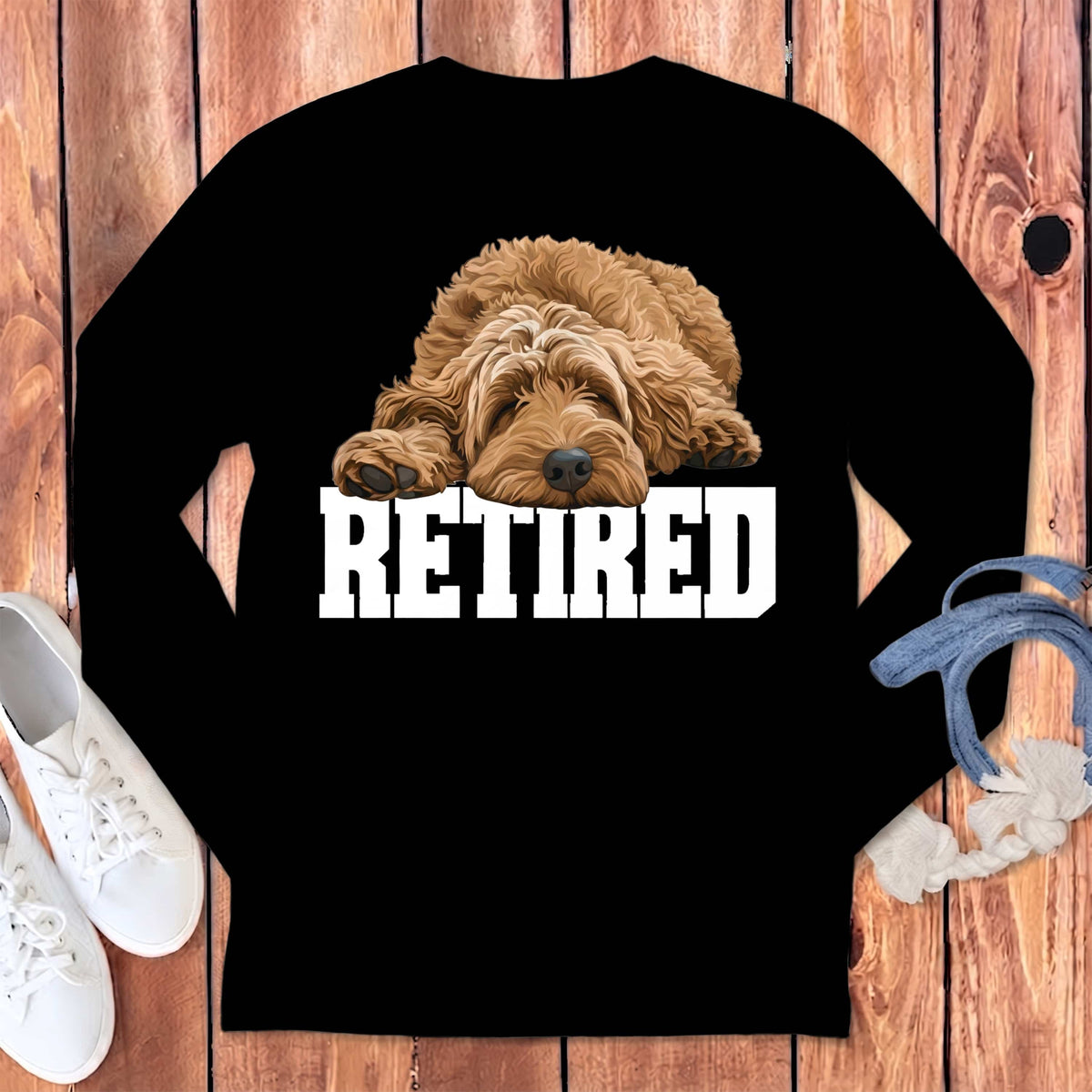 Retired Sleeping Apricot Goldendoodle Long Sleeve T-Shirt in Black / S by Puppy Jo