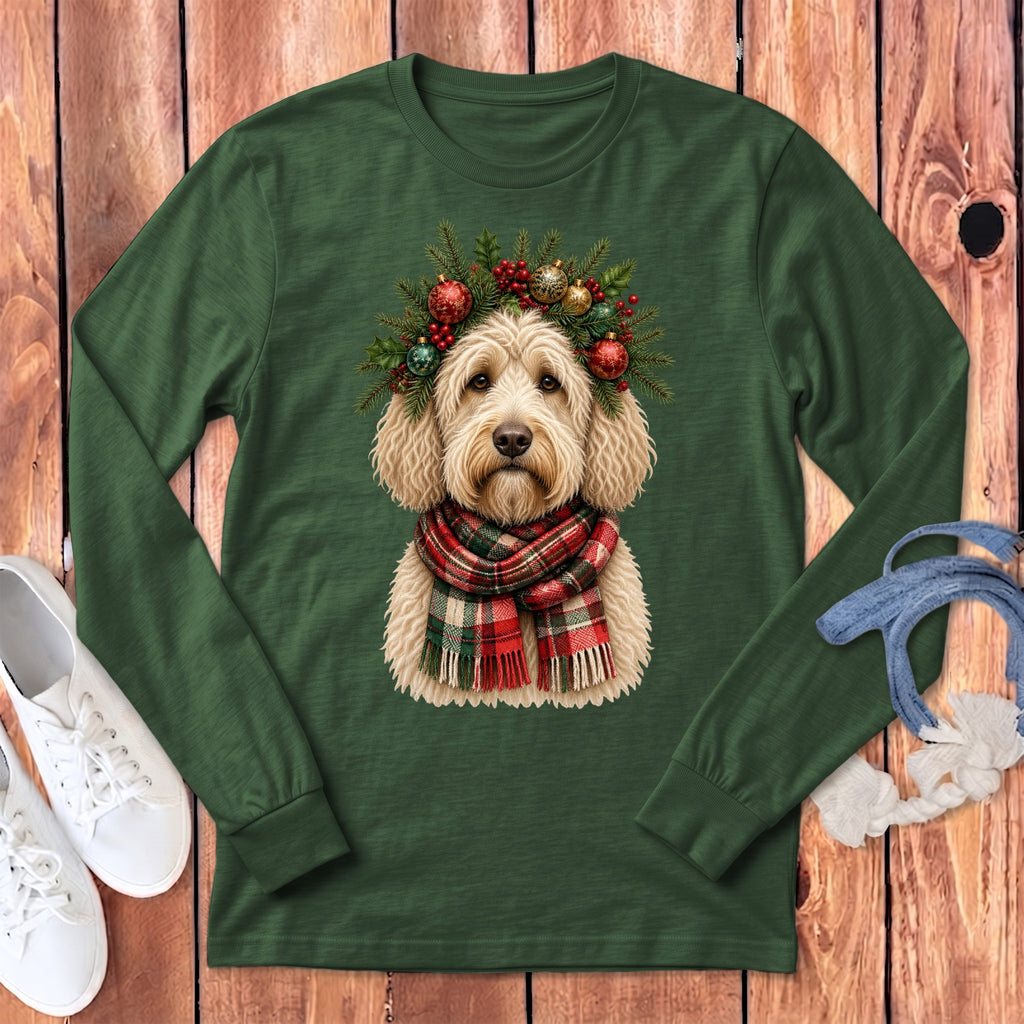 Cream Goldendoodle Holiday Crown Long Sleeve T-Shirt in Heather Forest / S by MyDesigns