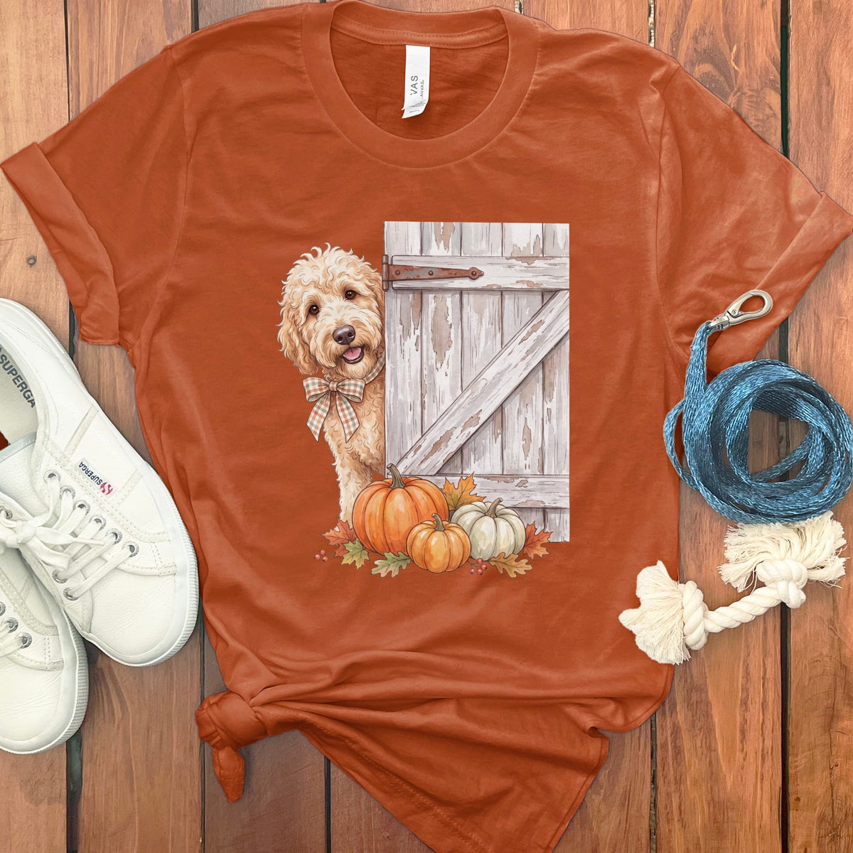 Cream Goldendoodle Barn Peeking T-Shirt in Autumn / S by Puppy Jo