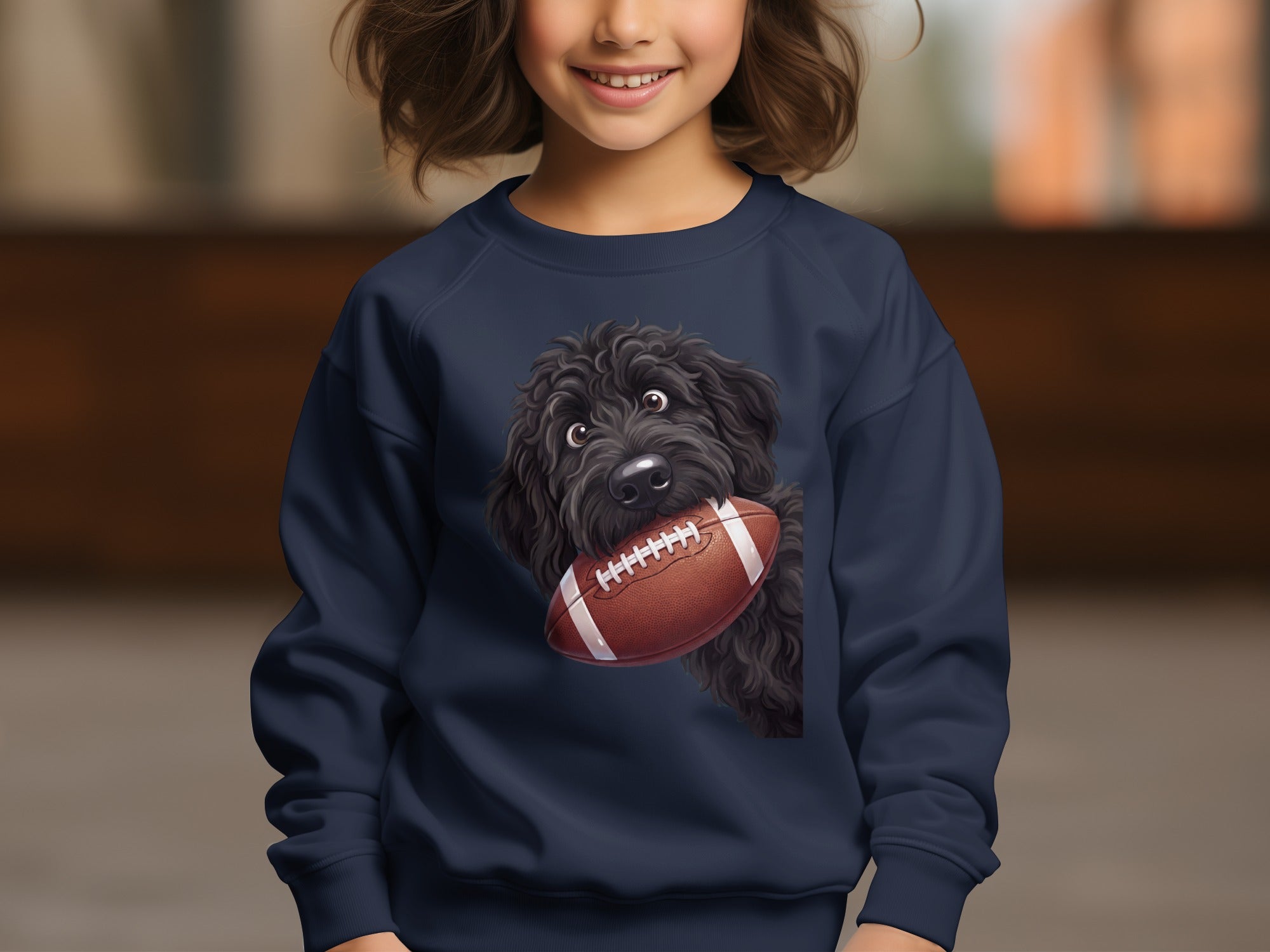Dark blue sweatshirt with a black dog holding a football graphic.