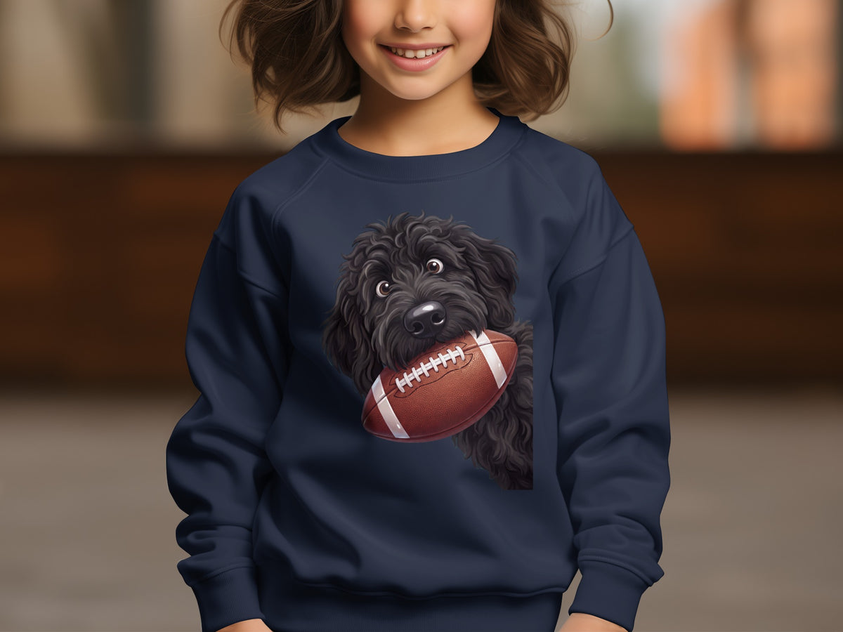 Dark blue sweatshirt with a black dog holding a football graphic.