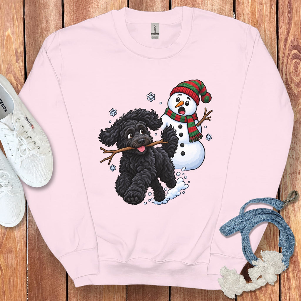 Black Goldendoodle Snowman Sweatshirt in Light Pink / S by Puppy Jo