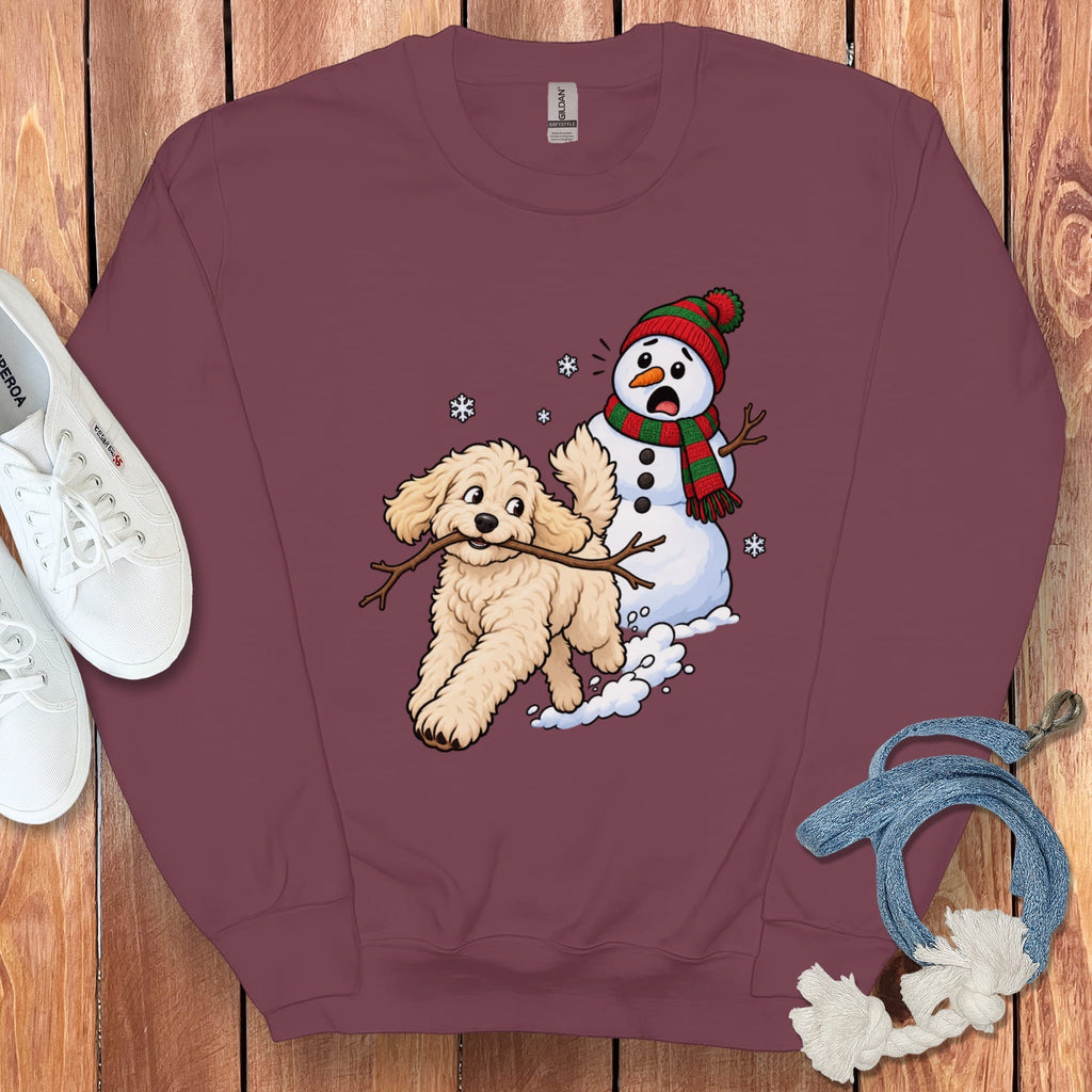 Cream Goldendoodle Snowman Sweatshirt in Maroon / S by Puppy Jo