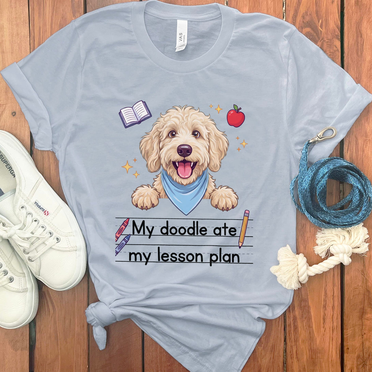 Cream Goldendoodle Ate Lesson T-Shirt in Light Blue / S by Puppy Jo