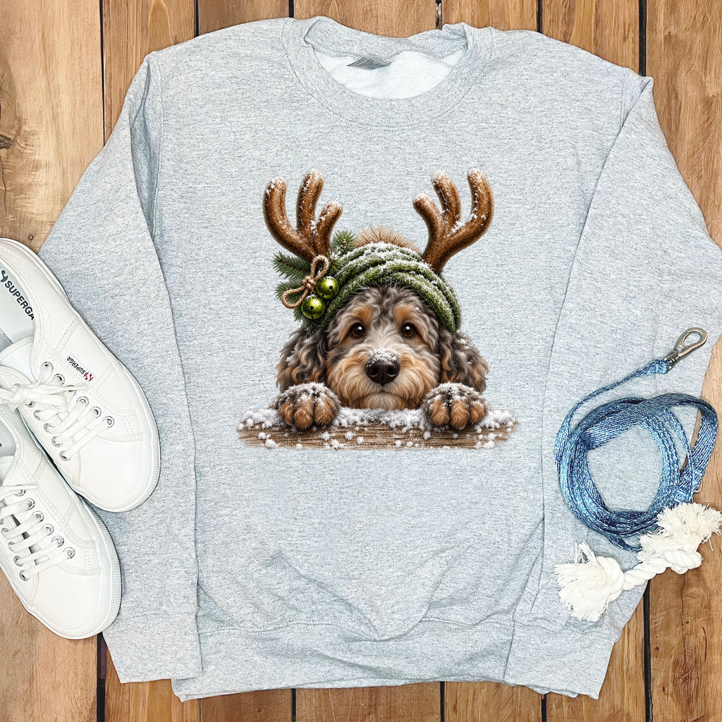Grey sweatshirt with Christmas dog graphic, white sneakers, and blue leash.