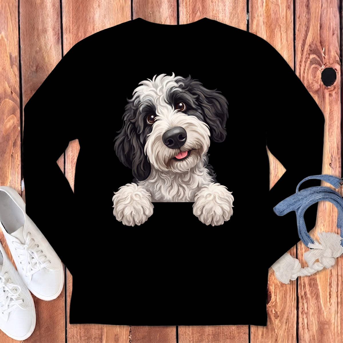 Black long sleeve shirt with a detailed illustration of a Bernedoodle dog's face.
