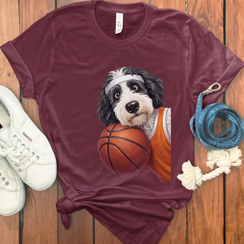 Sheepadoodle Basketball Player T-Shirt in Maroon / S by Puppy Jo