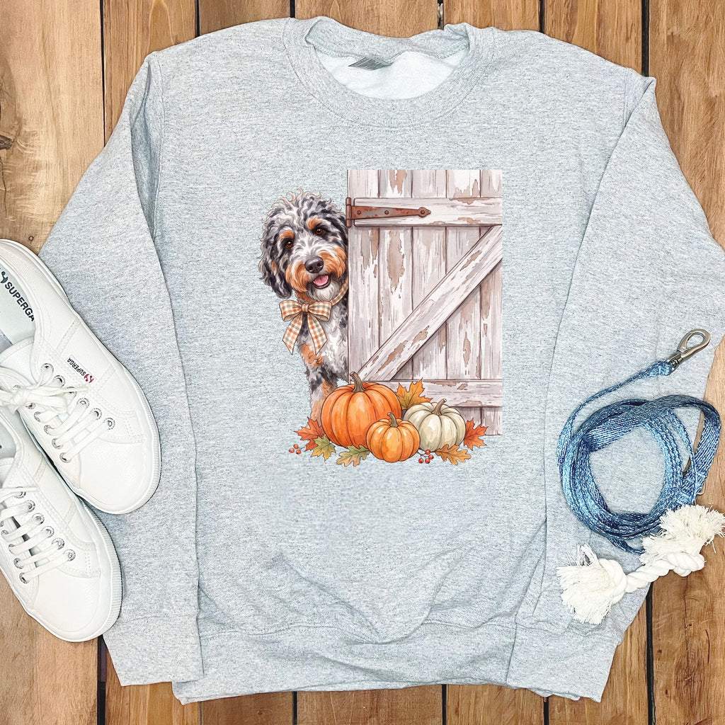 Aussiedoodle Barn Peeking Sweatshirt in Sport Grey / S by Puppy Jo