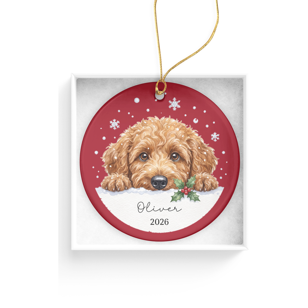 Peeking Snow Apricot Goldendoodle Ornament