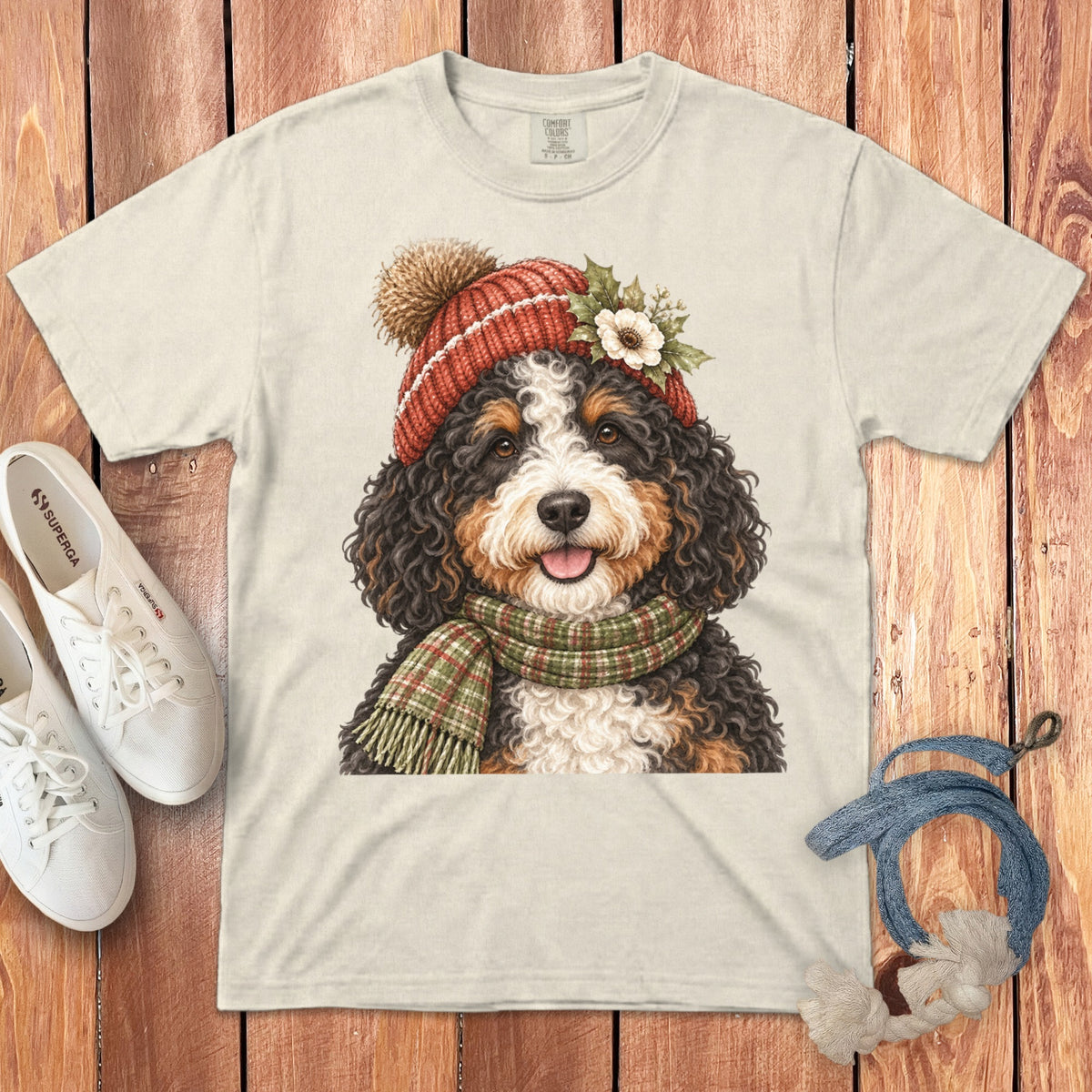 Cream t-shirt with watercolor Bernese Mountain Dog wearing a Santa hat and scarf.