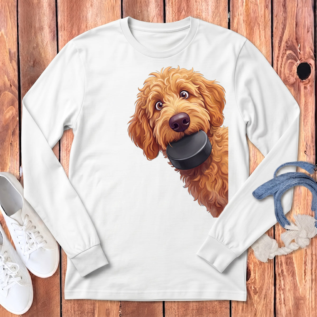 Apricot Goldendoodle Hockey Puck Long Sleeve T-Shirt in White / S by Puppy Jo