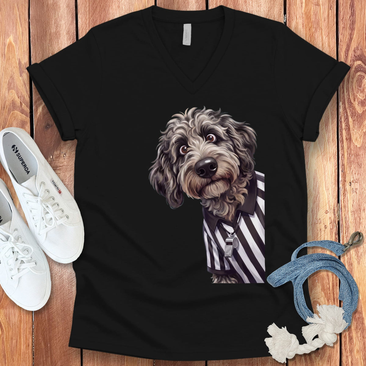 Merle Goldendoodle Football Referee V-Neck T-Shirt in Black / S by Puppy Jo