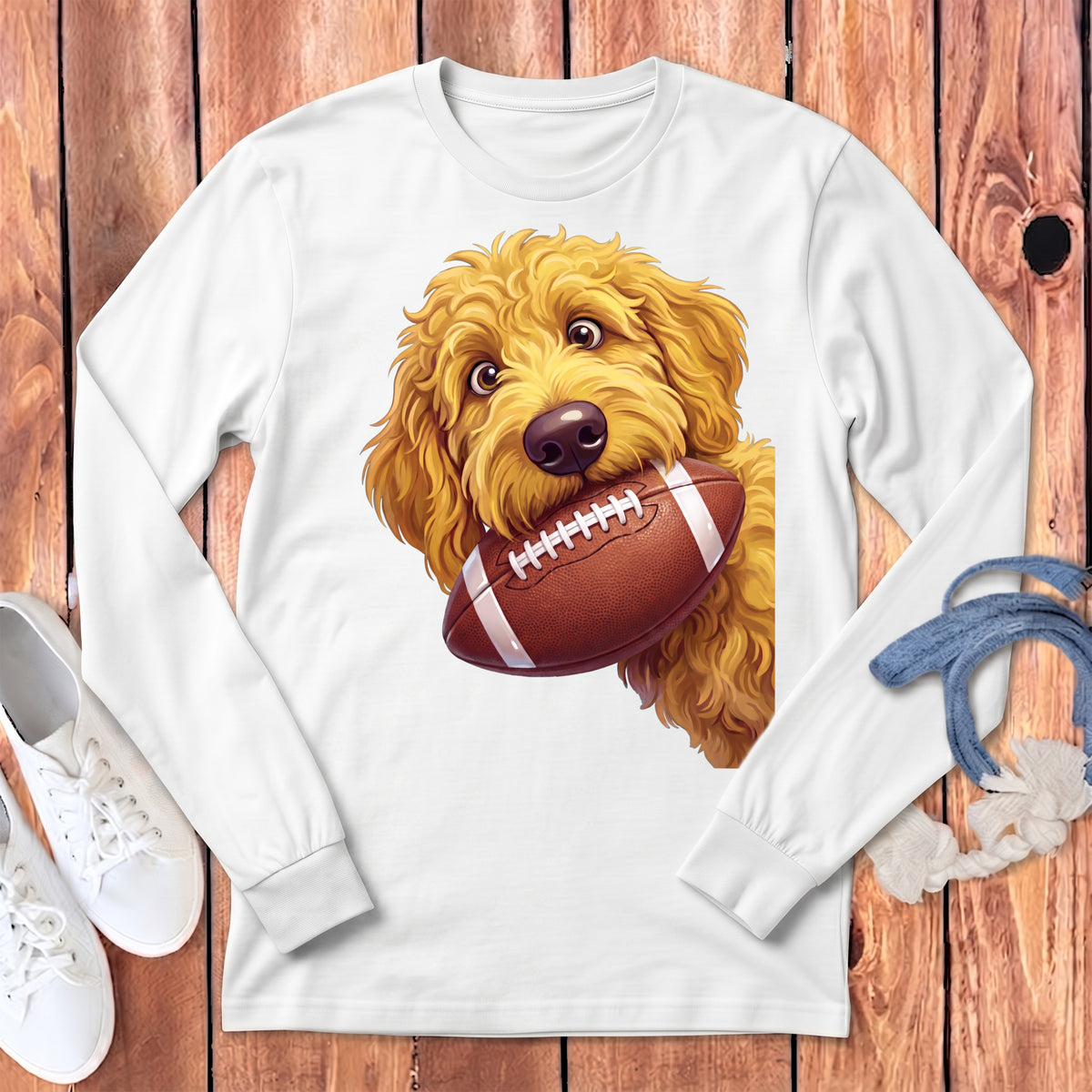Goldendoodle dog holding a football in its mouth on a white long-sleeve shirt.