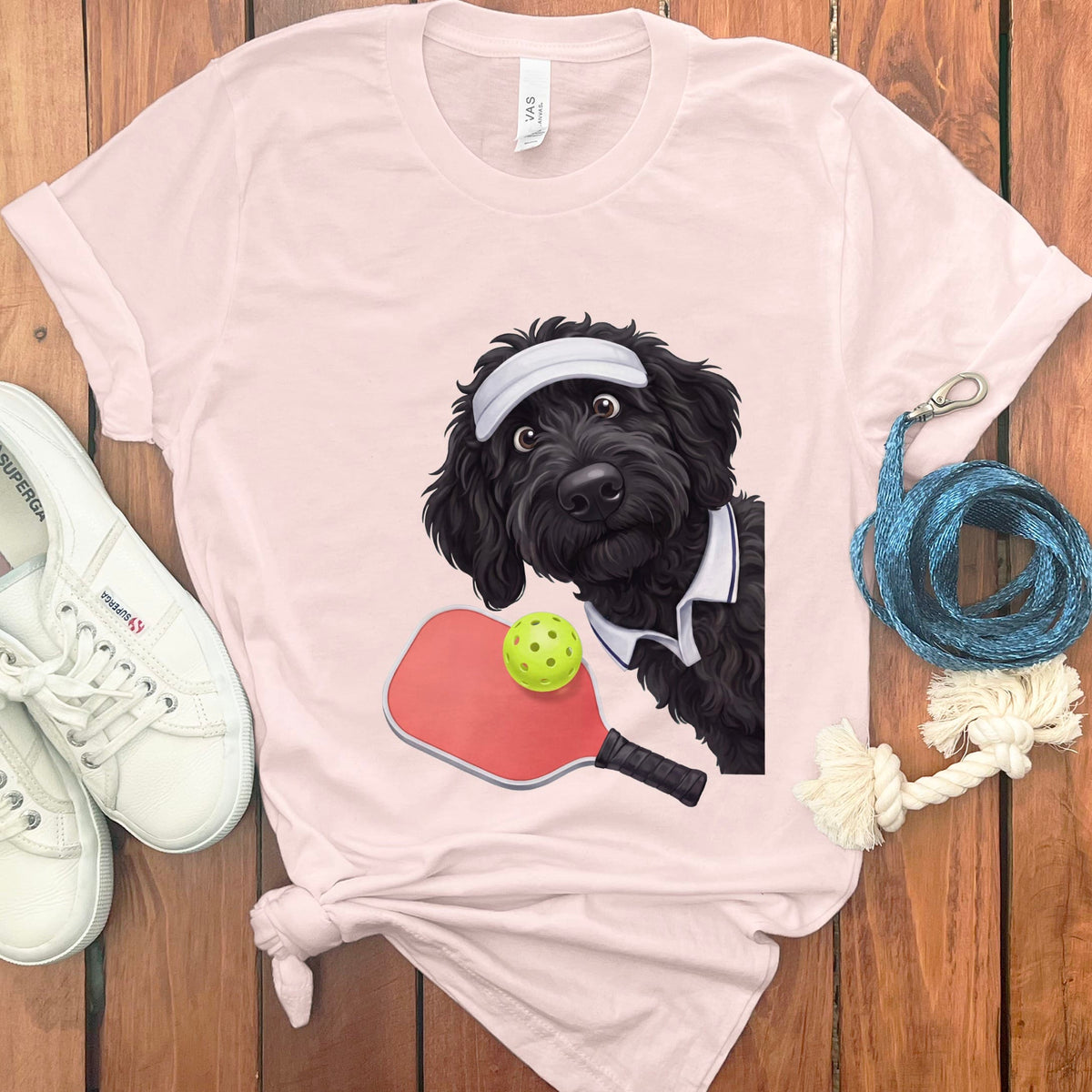 Black Goldendoodle Pickleball Player T-Shirt in Soft Pink / S by Puppy Jo