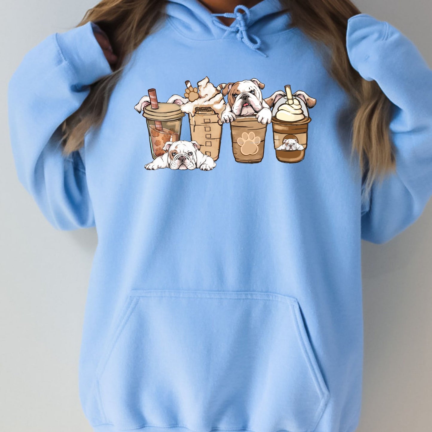 English Bulldogs and Coffee Hoodie Sweatshirt - PuppyJo Hoodie Light Blue / S