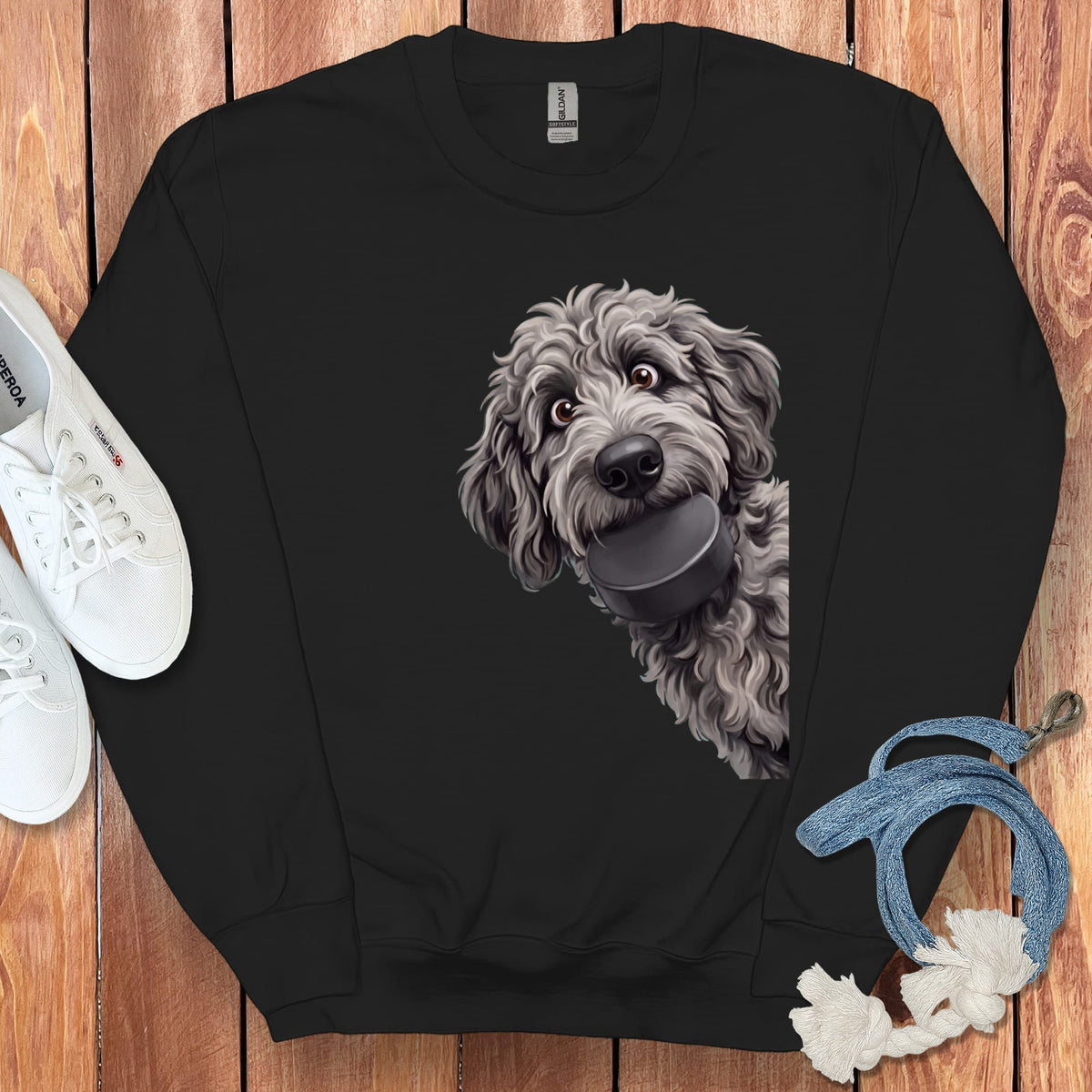 Merle Goldendoodle Hockey Puck Sweatshirt in Black / S by Puppy Jo
