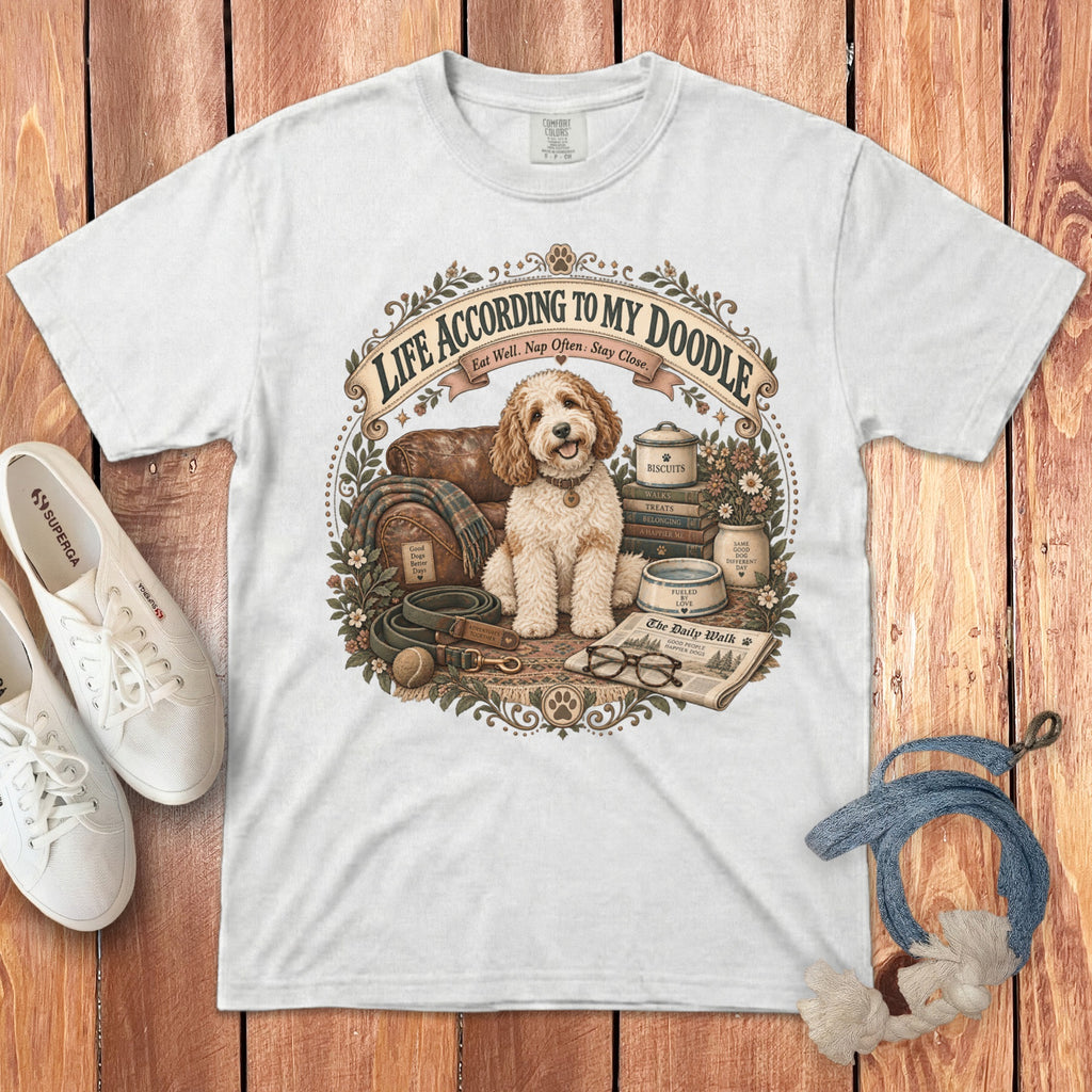 White t-shirt with a doodle dog graphic reading "Life According to My Doodle".