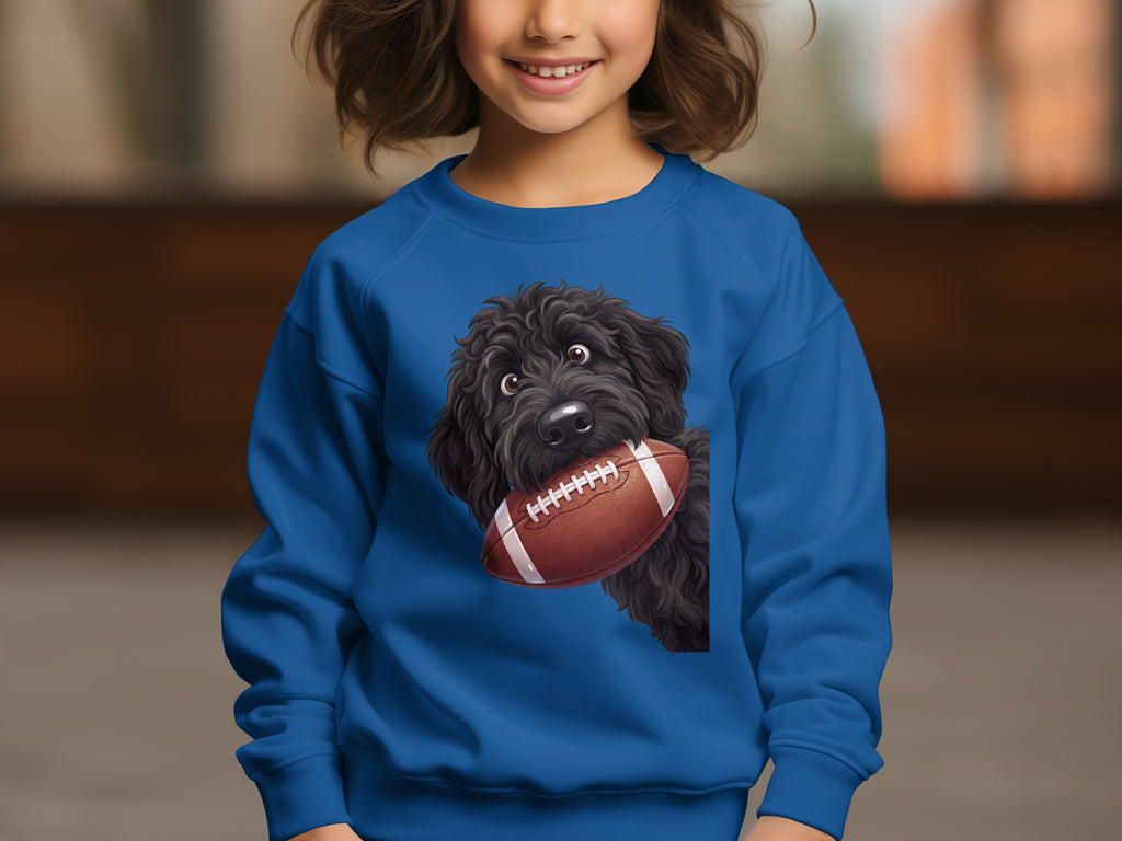 Black fluffy dog holding a football on a blue sweatshirt.