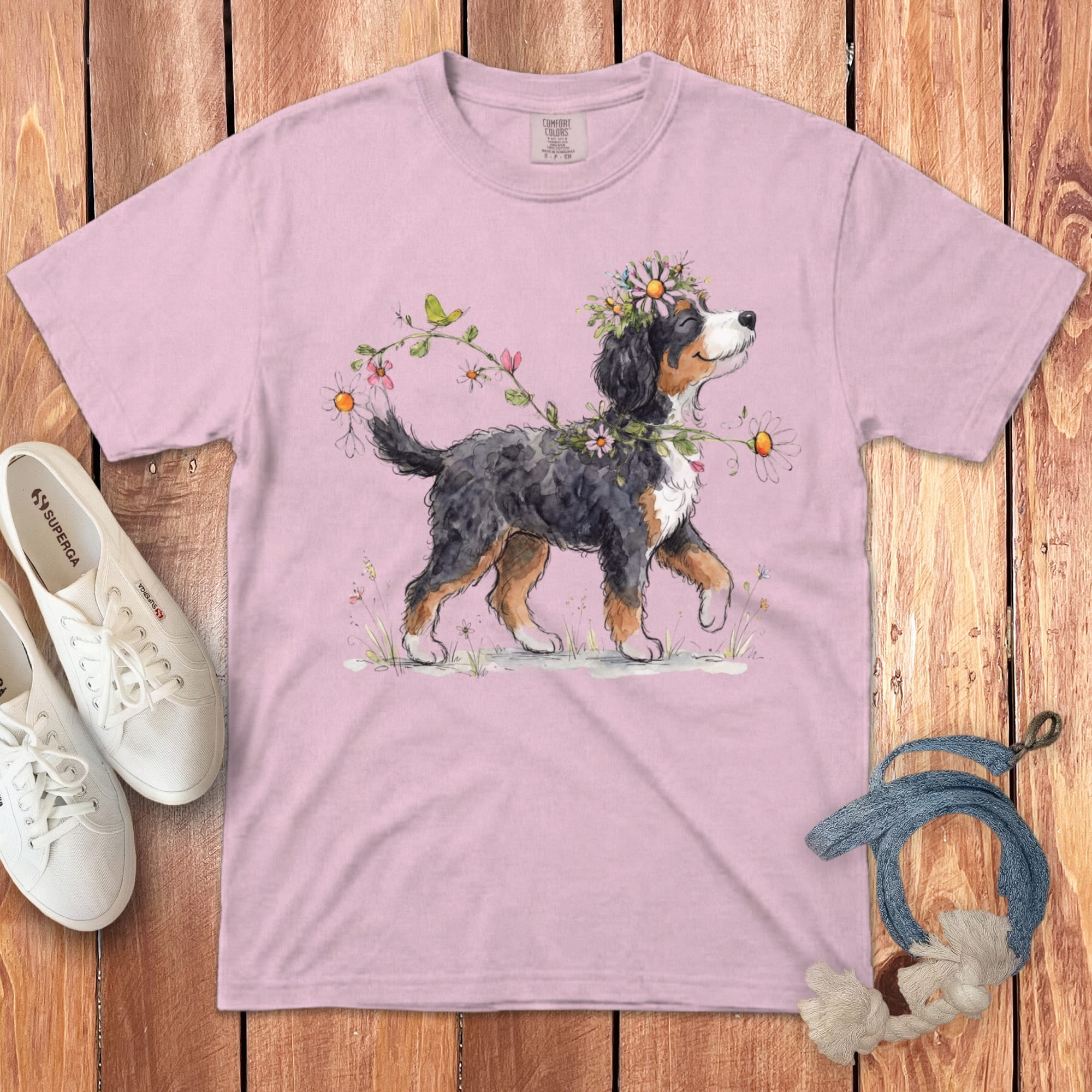 Pink t-shirt with watercolor Bernese Mountain Dog wearing a flower crown.