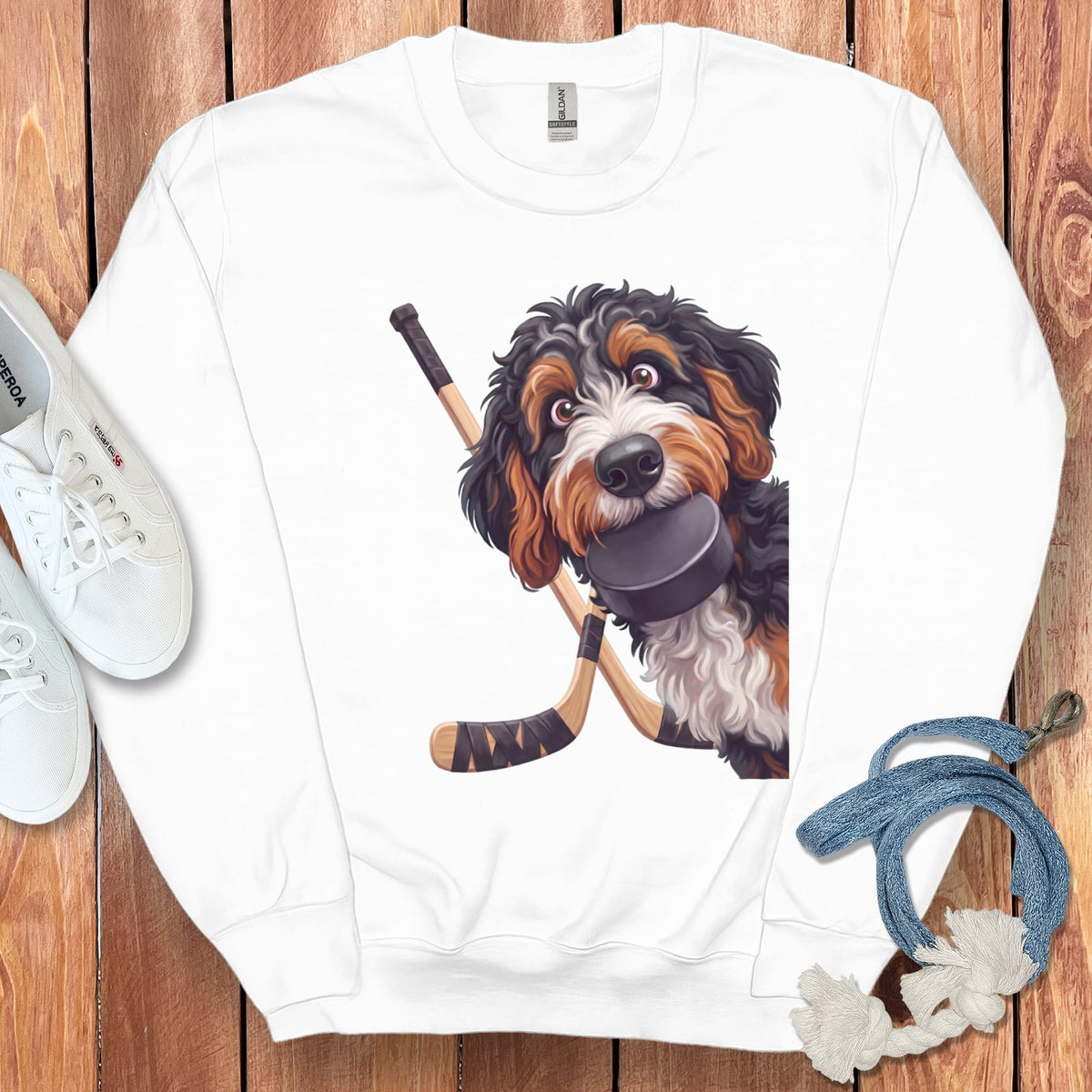 Bernedoodle Hockey Sweatshirt in White / S by Puppy Jo