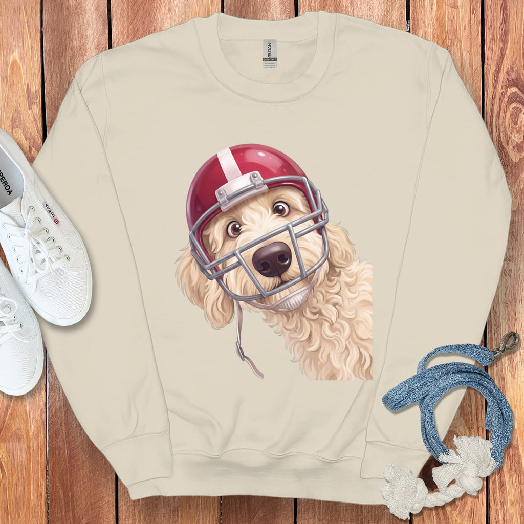 Cream sweatshirt with a cartoon dog wearing a football helmet.
