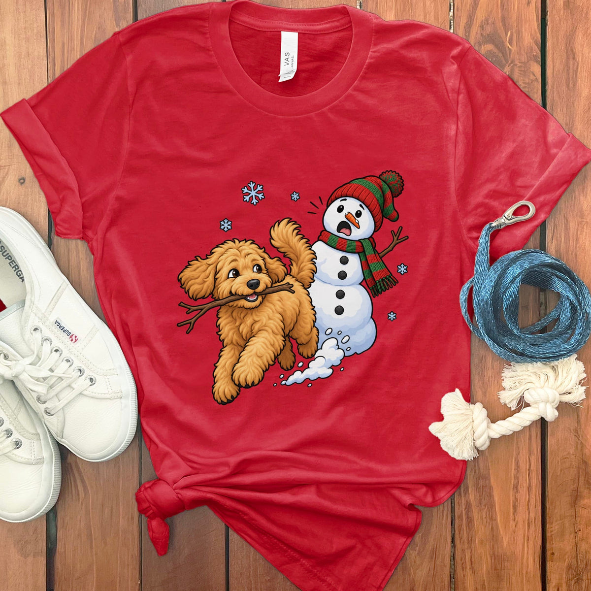 Apricot Goldendoodle Snowman T-Shirt in Red / S by Puppy Jo
