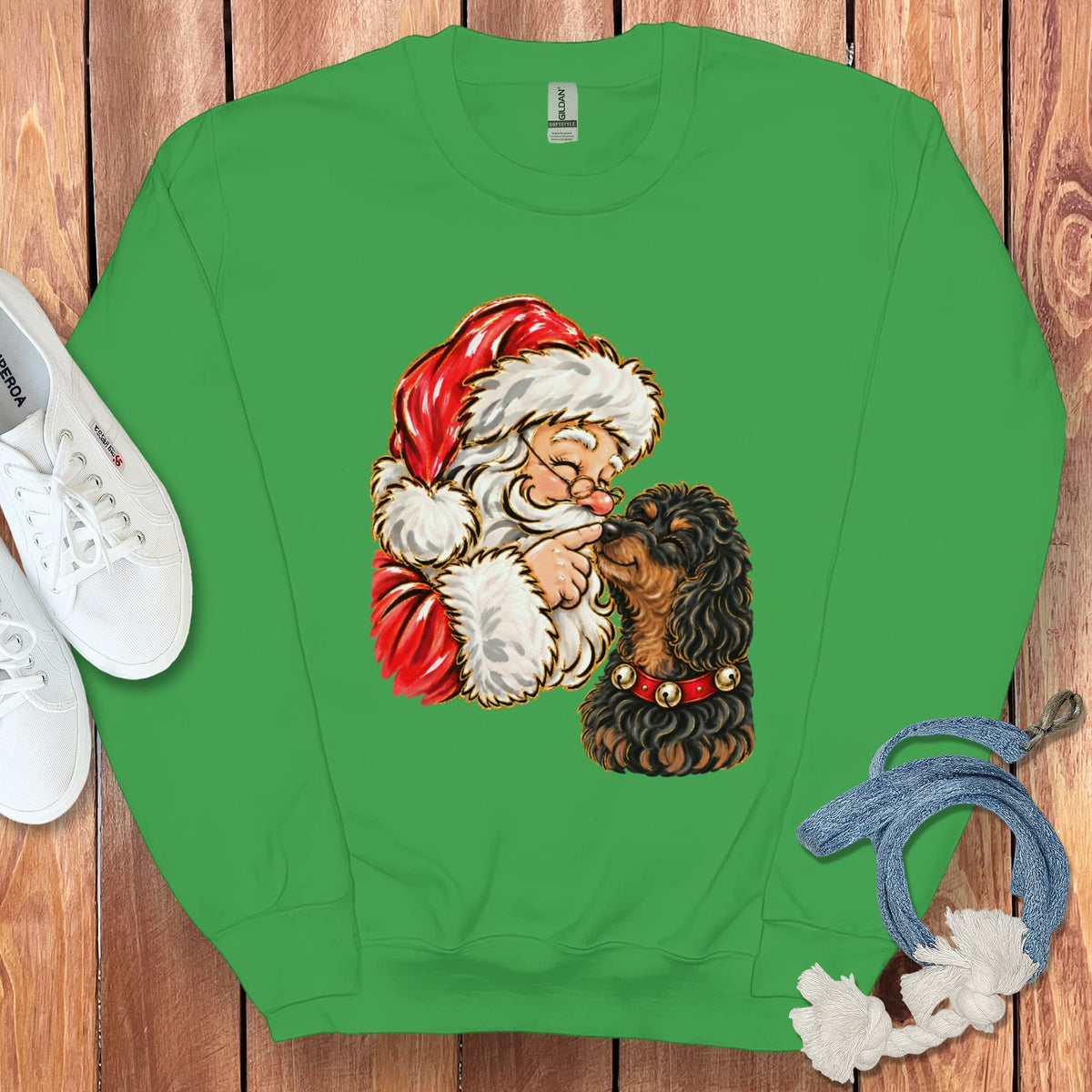 Phantom Goldendoodle Santa Kiss Sweatshirt in Irish Green / S by Puppy Jo