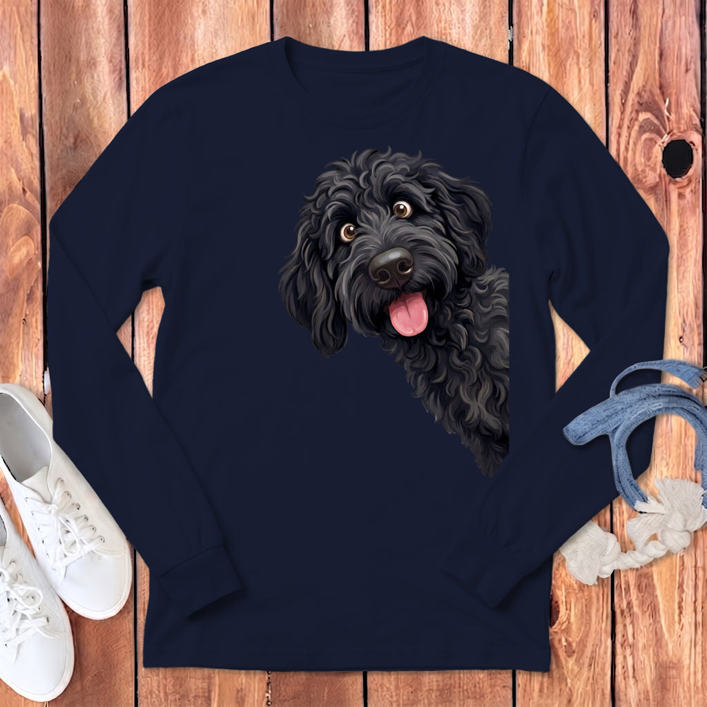 Dark blue long-sleeve t-shirt featuring a graphic of a fluffy black dog with its tongue sticking out.