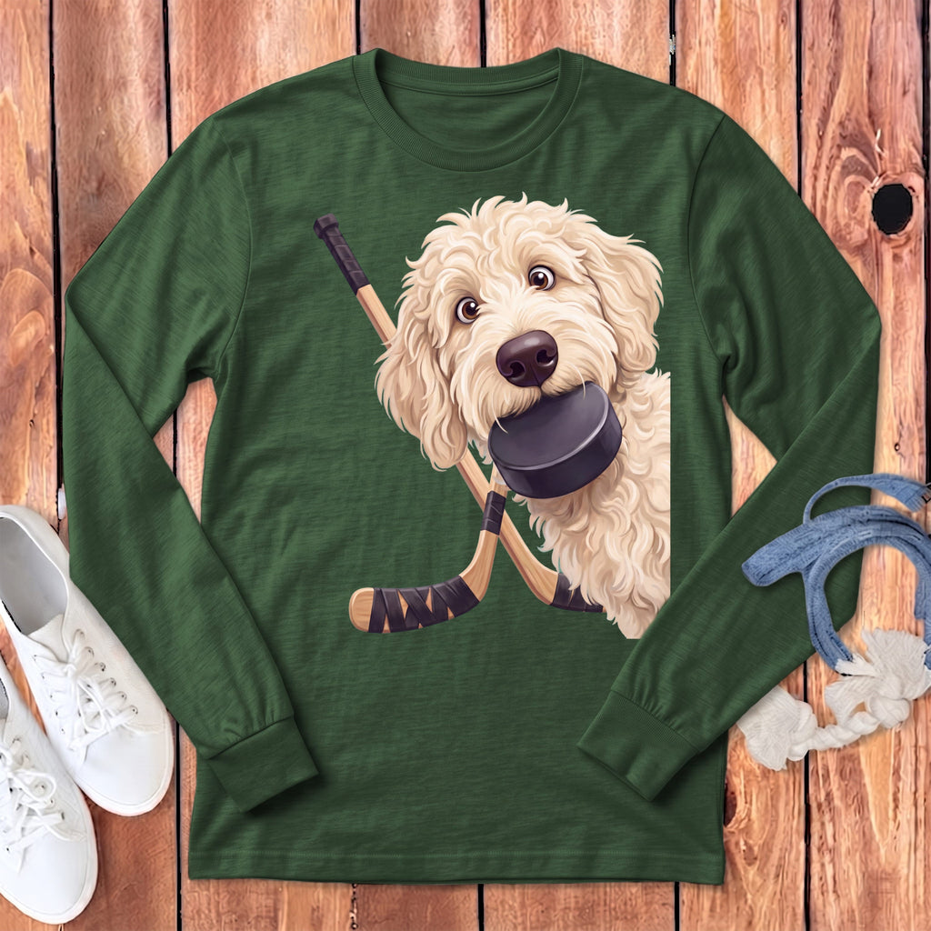 Cream Goldendoodle Hockey Long Sleeve T-Shirt in Heather Forest / S by Puppy Jo