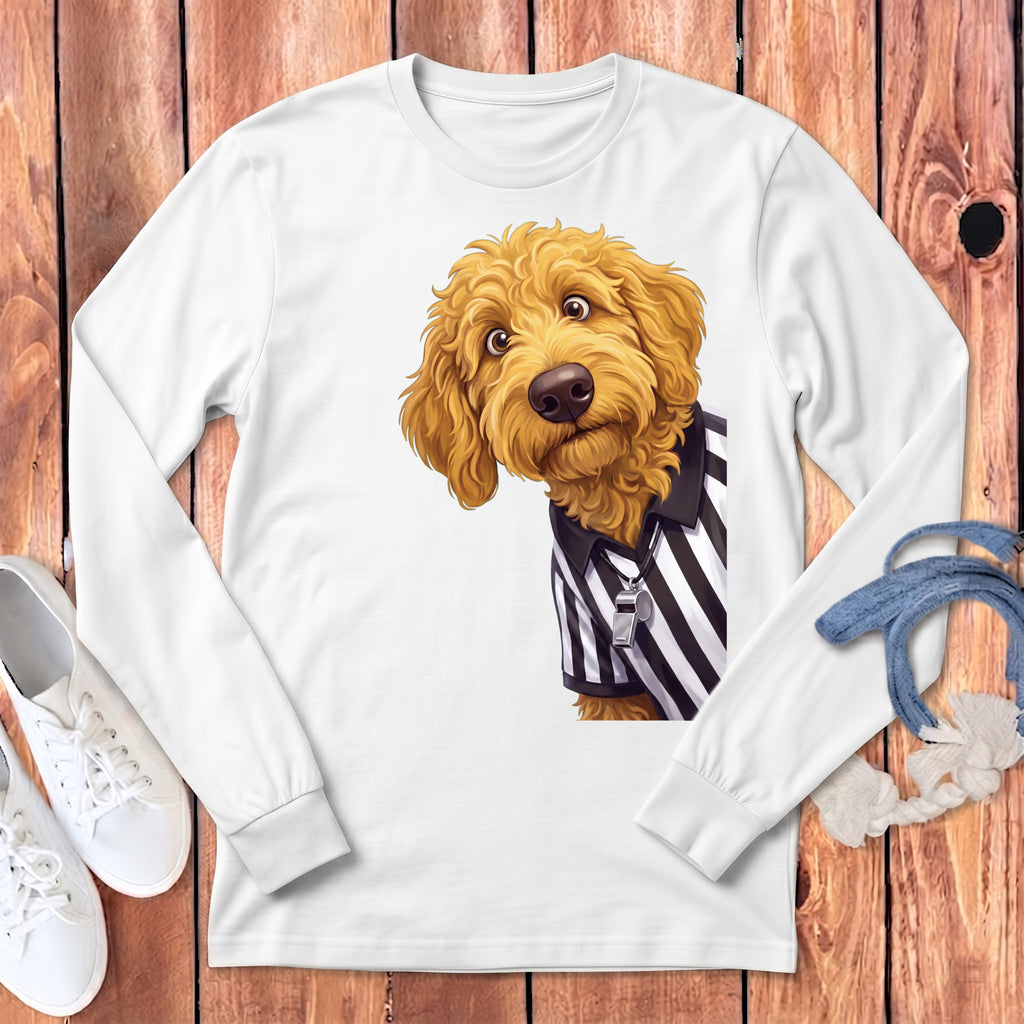 White long-sleeve shirt with a cartoon goldendoodle wearing a referee shirt and whistle.