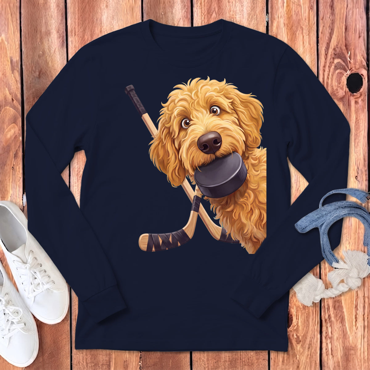 Golden Goldendoodle Hockey Long Sleeve T-Shirt in Navy / S by Puppy Jo