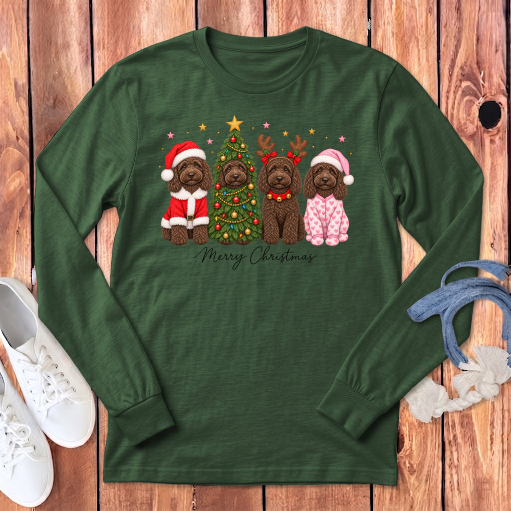 Dark green long-sleeve t-shirt featuring a Christmas graphic of four brown doodle dogs and a decorated tree.