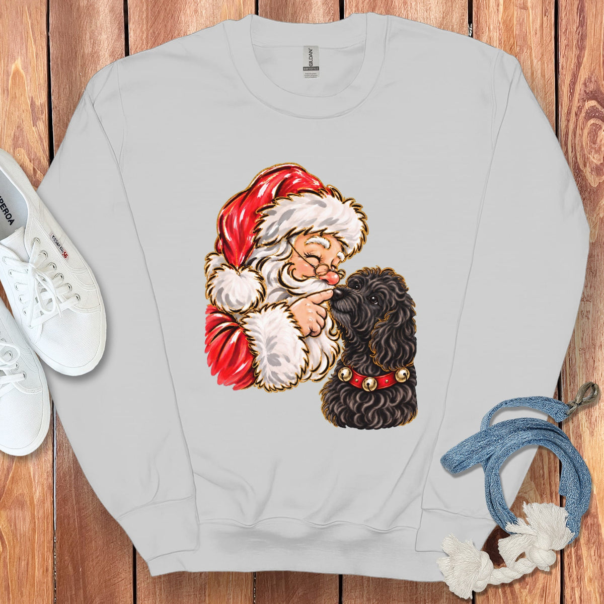 Black Goldendoodle Santa Kiss Sweatshirt in Sport Grey / S by Puppy Jo