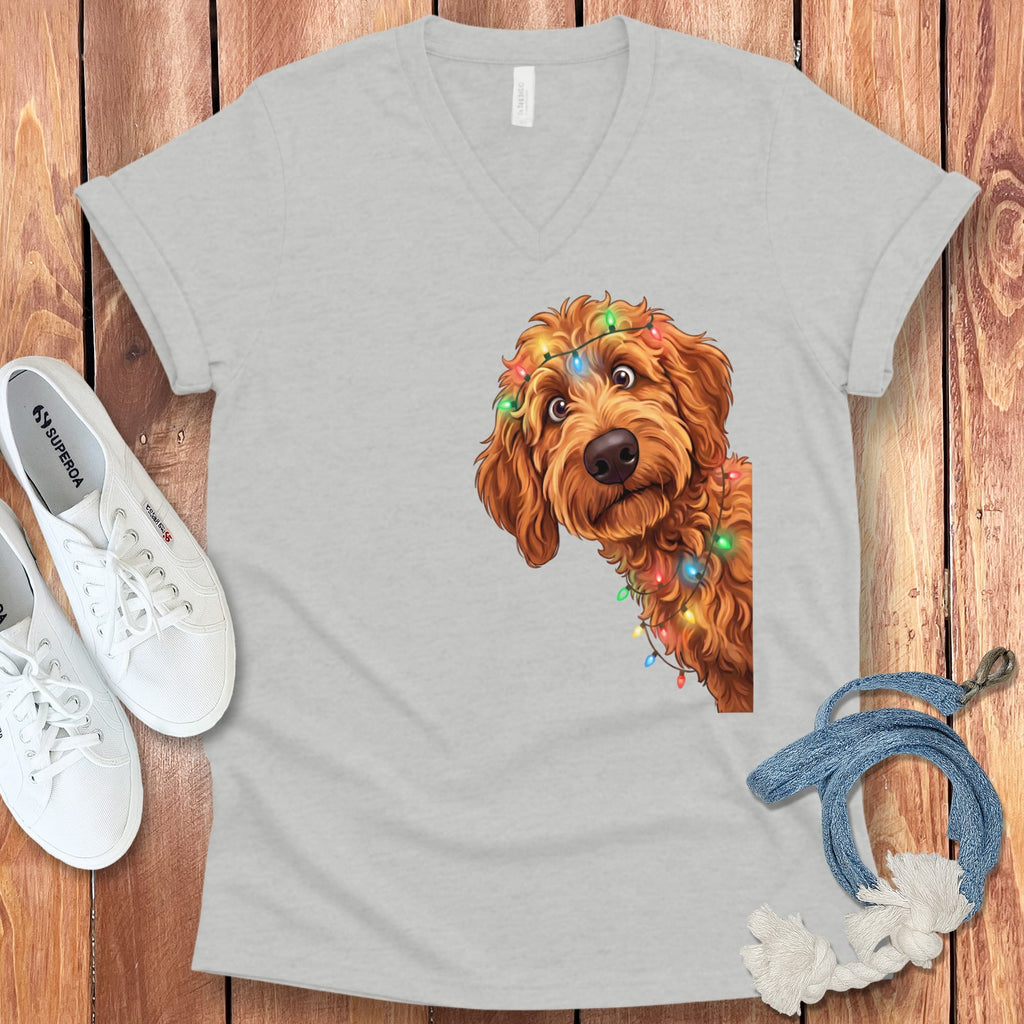 Peeking Apricot Goldendoodle Holiday V-Neck T-Shirt in Athletic Heather / S by Puppy Jo